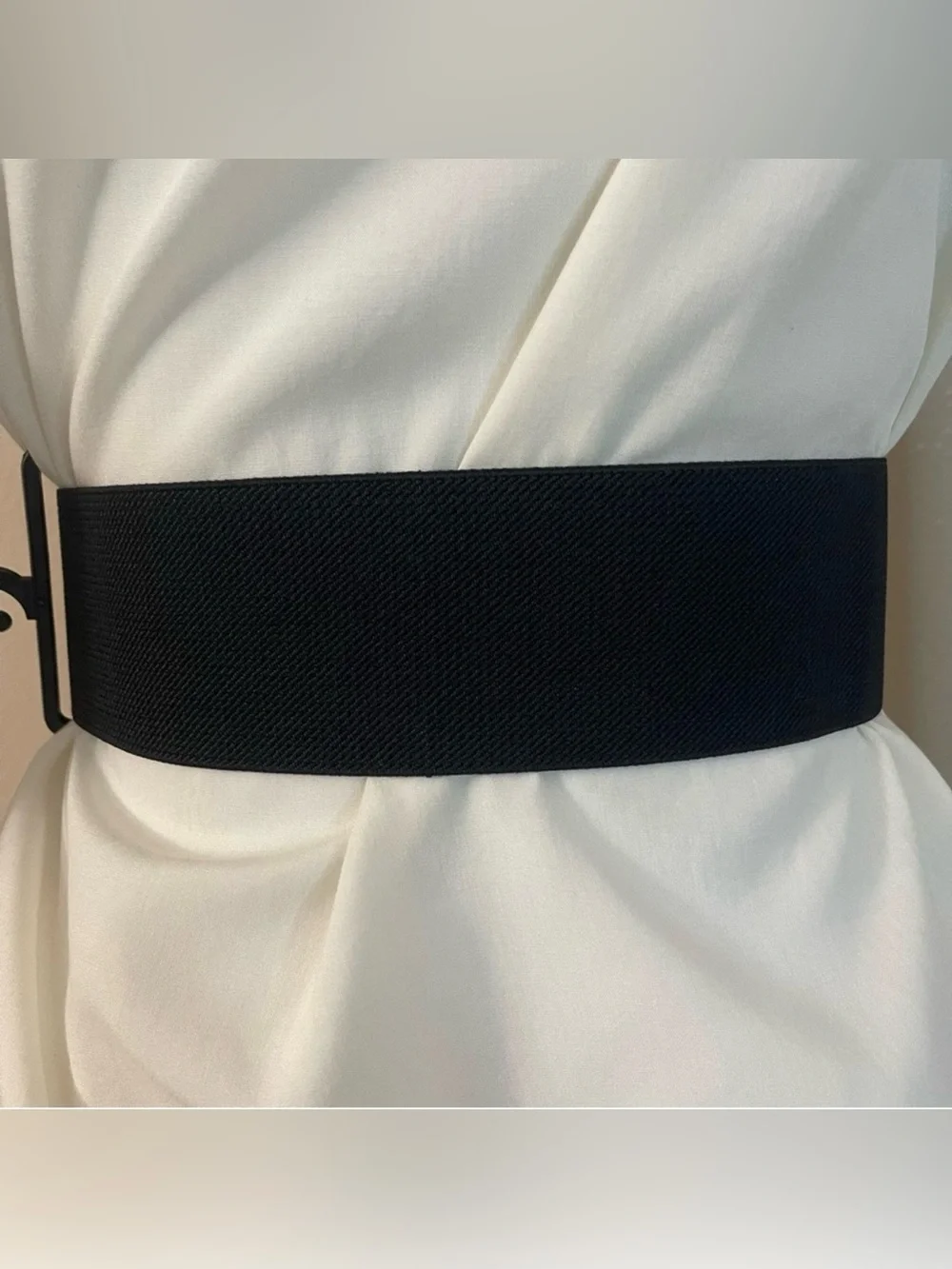 Black PU leather square buckle elastic waistband with rhinestones details belt